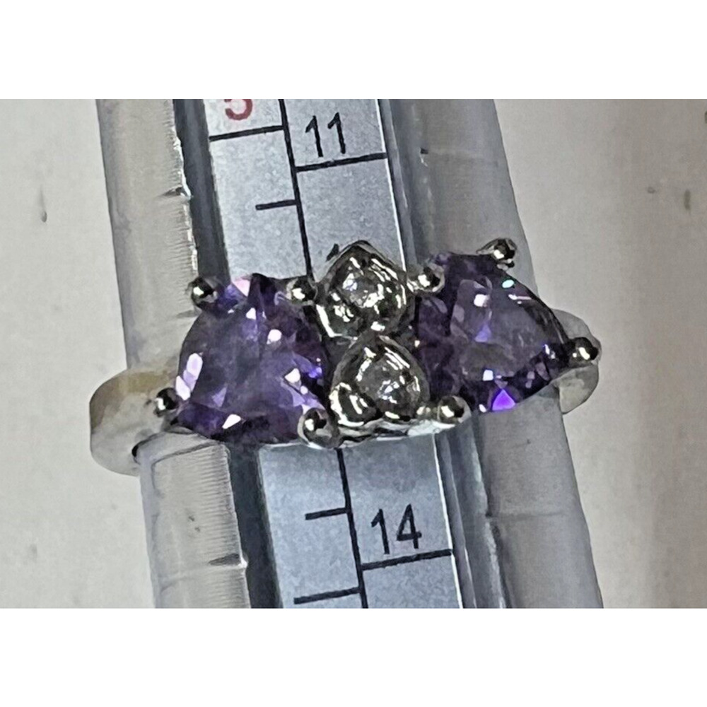 Silver Tone Purple double‎ Heart Glass Rhinestone Ring Sz 6